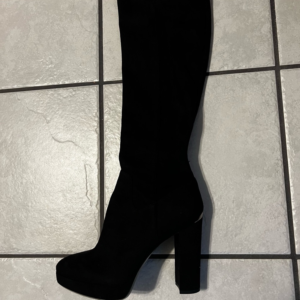 Black suede, Calvin Klein knee-high platform boots
